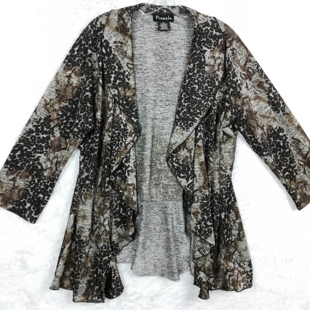 Frazzle Womens Cardigan‎ Sweater Leopard Print Open Front Brown Gray Flowy XXL